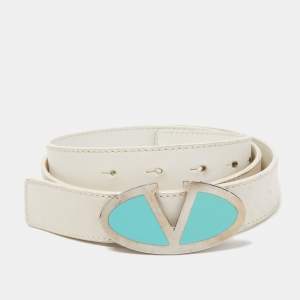 Valentino White Leather VLogo Plate Buckle Belt 90CM