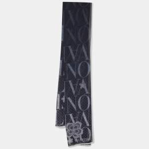 Valentino Black Logo & Floral Printed Silk Scarf