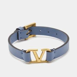 Valentino Blue Leather VLogo Gold Tone Bracelet