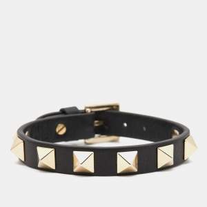 Valentino Rockstud Black Leather Gold Tone Bracelet
