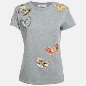 Pre Owned Valentino Grey Sequin Butterfly Applique Cotton T-Shirt S