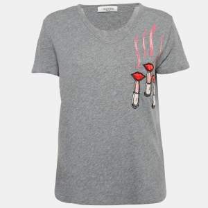 Valentino Grey Embellished Cotton Knit Round Neck T-Shirt S