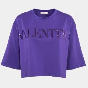 Pre Owned Valentino Purple Sequin Embroidered Jersey Oversized Crop T-Shirt M