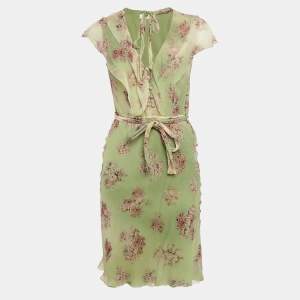 Pre Owned Valentino Roma Vintage Green Floral Print Chiffon Short Dress M
