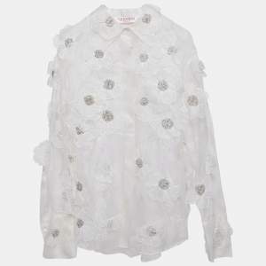 Valentino White Floral Embellished Organza Silk Sheer Shirt XS