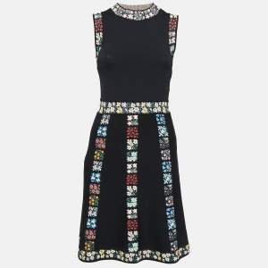 Pre Owned Valentino Black Floral Patterned Knit Flared Midi Dress M