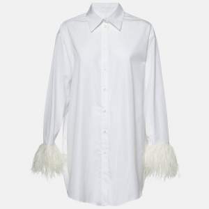 Pre Owned Valentino White Cotton Feather Cuff Trim Button Front Shirt L