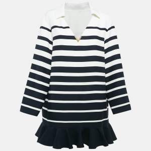 Pre Owned Valentino Navy Blue/White Stripe Wool Blend Ruffled Mini Dress M