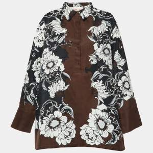 Valentino Brown Street Flowers Daisyland Print Cotton & Silk Shirt Dress M