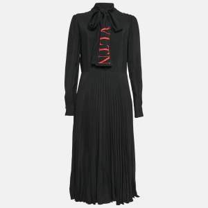 Valentino Black VLTN Print Crepe Pleated Midi Dress S