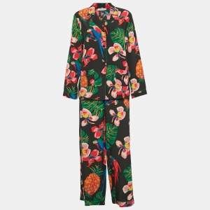 Pre Owned Valentino Black Tropical Print Silk Shirt and Pants M