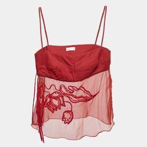 Pre Owned Valentino Red Embroidered Silk and Crepe Strappy Top L