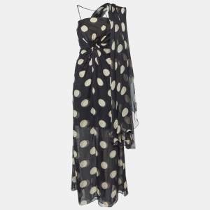 Pre Owned Valentino Black Polka Dot Print Silk Asymmetric Dress L