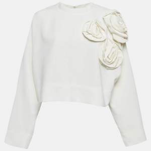 Pre Owned Valentino White Floral Applique Crepe Loose Fit Top M