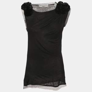 Valentino T-Shirt Couture Black Floral Applique Tulle Trim Jersey Sleeveless T-Shirt M