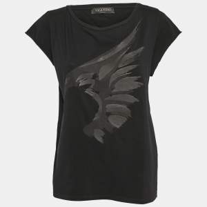 Valentino Black Eagle Print Jersey Cap Sleeve T-Shirt L