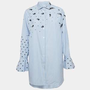Valentino Blue Stripe Poplin Embellished Bell Sleeve Tunic Shirt M