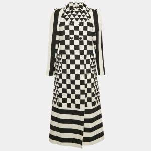 Pre Owned Valentino Black/White Geometric Print Wool Blend Double Breasted Couture Dress M