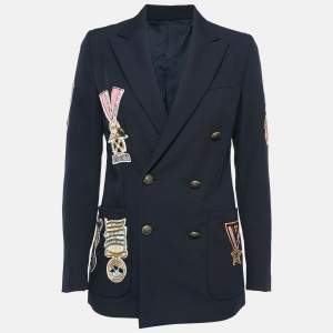 Valentino Navy Blue Badge Applique Wool Double Breasted Blazer S