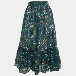 Valentino Green Graffiti Print Cotton Flounce Midi Skirt M
