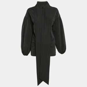 Valentino Black Cotton Blend Tie-Up Neck Detail Puff Sleeve Top S