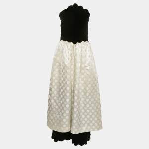 Pre Owned Valentino Night Vintage Black/Ivory Velvet and Jacquard Strapless Scallop Midi Dress L