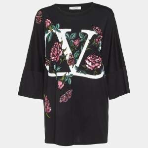 Pre Owned Valentino Black V Logo Embellished Cotton Ruched Waist T-Shirt M