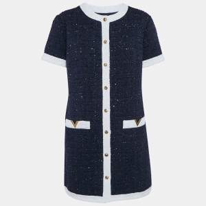 Valentino Navy Blue Sequin Embellished Lurex Bouclé-Tweed Mini Dress L