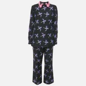 Valentino Black Floral Print Wool Blend Top and Pants Set M