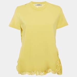 Valentino Yellow Lace and  Jersey Crew Neck Top M