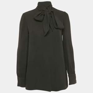 Valentino Black Silk Blend Crepe Tie-Up Neck Detail Top M