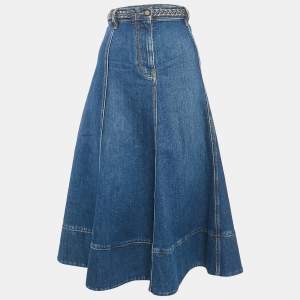 Valentino Blue Denim Braid Detail Waist Midi Skirt S