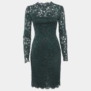 Pre Owned Valentino Dark Green Lace Full Sleeve Short Dress S