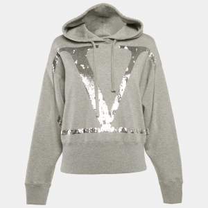 Valentino Grey Logo Sequin Cotton Knit Hooded Sweatshirt L