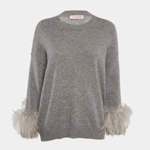 Valentino Grey Wool Feather Detail Crew Neck Sweater XS