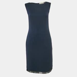 Valentino Navy Blue Crepe Embellished Hem Sleeveless Mini Dress M