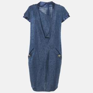 Valentino Blue Textured Silk Button Detail Short Dress M
