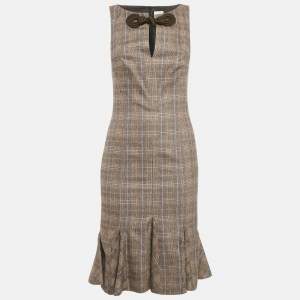 Pre Owned Valentino Brown Plaid Wool Sleeveless Flounce Short Dress M