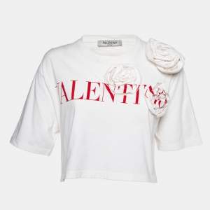 Valentino Off White/Red Logo Print Floral-Applique Top XS
