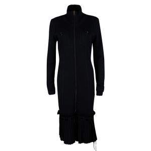Valentino Black Wool Pleated Bottom Hem Detail Long Sleeve Dress L