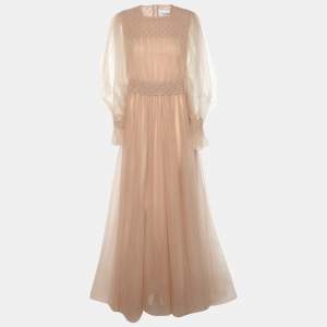 Pre Owned Valentino Pink Tulle Long Sleeve Evening Dress L