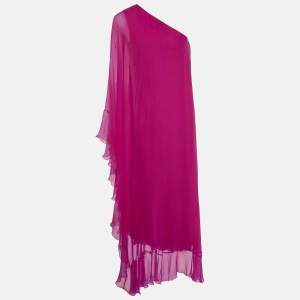 Valentino Fuchsia Pink Silk Chiffon One-Shoulder Maxi Dress S