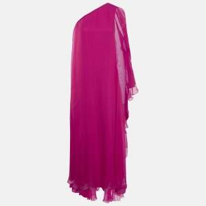 Valentino Fuchsia Pink Silk Chiffon One-Shoulder Maxi Dress S