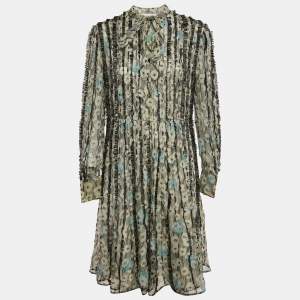 Valentino Multicolor Printed Silk Bead Embellished Pintuck Detail Dress M