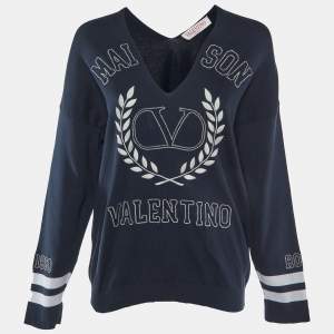 Valentino Navy Blue Logo Embroidered Cotton Knit Jumper S