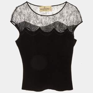 Valentino Vintage Black Wool Knit Lace Trim Top L