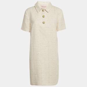 Valentino Off-White Sequin Tweed Button Detail Mini Dress L