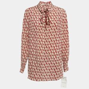 Valentino Beige/Red Logo Print Silk Tie-Up Neck Detail Blouse L