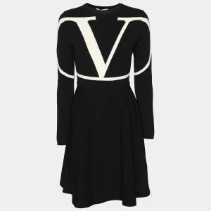 Valentino Black/White Stretch Crepe V Logo Midi Dress XS