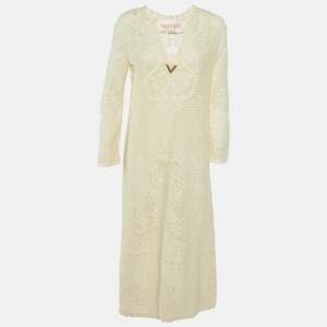 Valentino Cream Floral Lace Full Sleeves Maxi Dress S